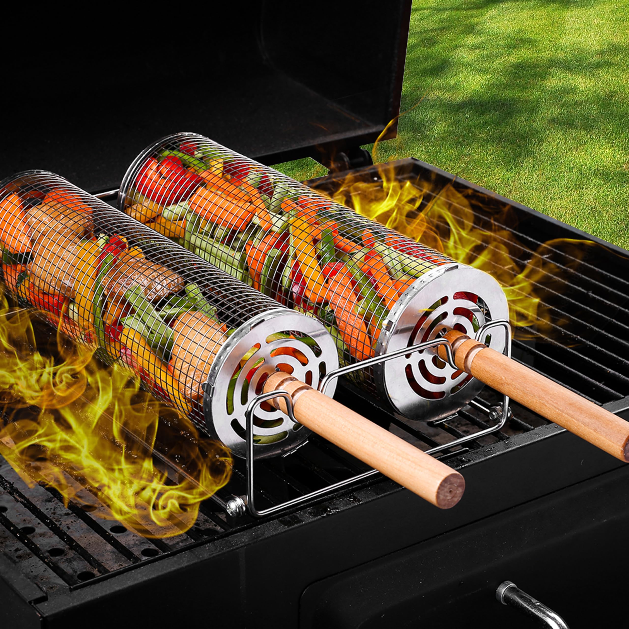 Rolling Grill Basket（2PCS） with Detachable Handle, 304 Stainless Steel BBQ Accessory for Vegetables and Meat, Suitable for Outdoor BBQ and Camping