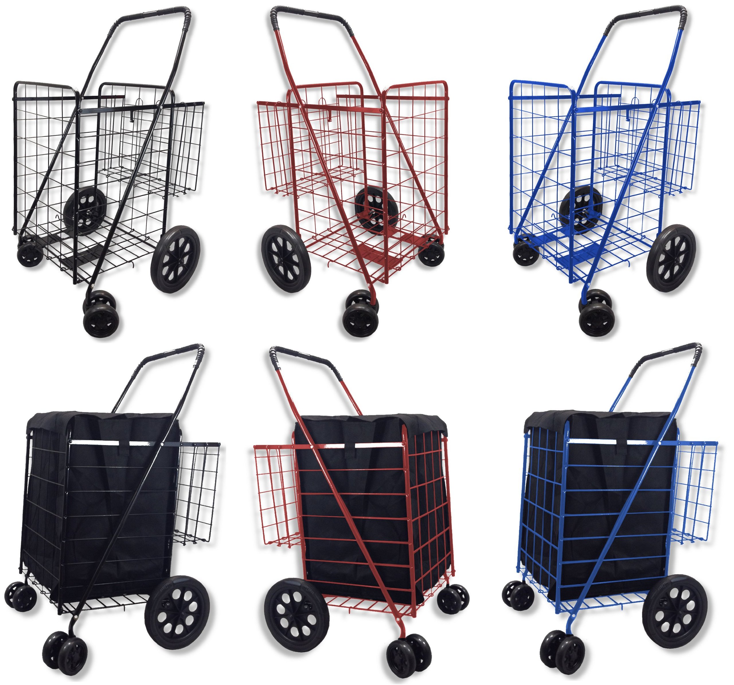 Folding Shopping Cart SWIVEL Wheel Jumbo Double Basket Black 360 Easy