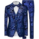 MAGE MALE Mens Suits Dress Floral Tuxedo Slim Fit 3 Piece Suit 2 Button Prom Party Blazer Vest Pants Set with Bow Tie