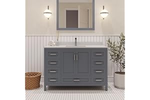 Ayna Decors Rooh 48 inch Charcoal Grey Bathroom Vanity Set with White Quartz Countertop, Ceramic Sink, 2 Soft Closing Doors, 7 Full Extention Soft Close Drawers, Brushed Nickel Hardware AVR48CG3002
