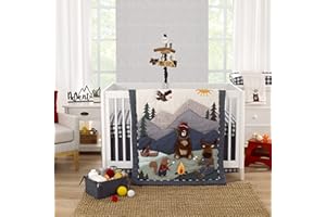 NoJo Into The Wilderness Navy, Green, and Brown, Camping Bear, Moose, Eagle, and Beaver Campfire 4 Piece Nursery Crib Bedding Set - Comforter, Cotton Fitted Crib Sheet, Crib Skirt, and Storage Tote