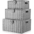 Homepeaz Set of 3 Woven Storage Basket Bin Wicker Hamper Stackable Box with Lid & Lock, Container Tote Cube Organizer for Nursery, Baby Toiletry, Diaper, Toys, Home Closet, Laundry, DVD, Book (Grey)