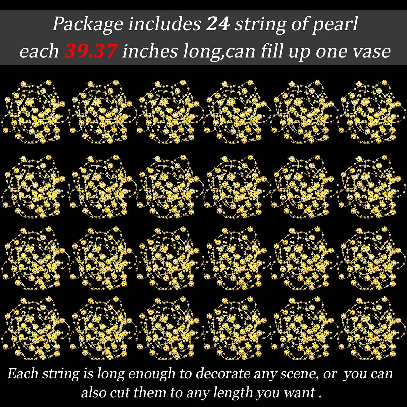 Tondiamo 24 Pcs Artificial Pearl String for Floating Candle Faux Pearls Beads String Party Garland Decoration for Vases Filler Wedding Centerpiece Christmas Party Decor(Gold)