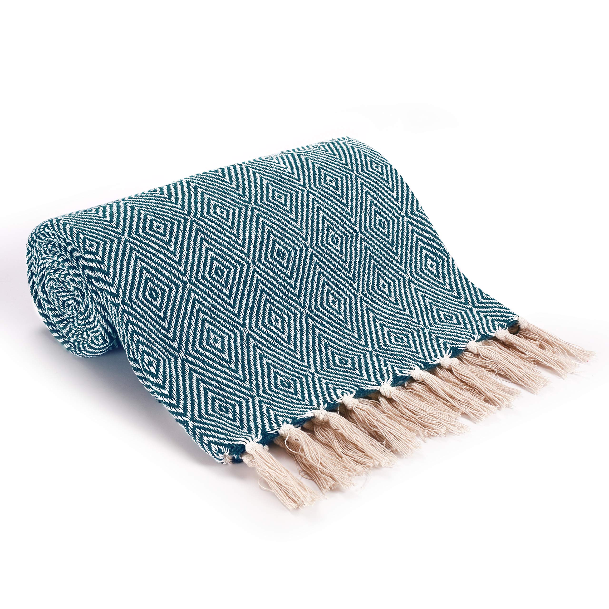 EHC Luxury Reversible Super Soft Cotton Diamond Large Throw For Sofa, Double Bed, Armchair - Peacock, 150 x 200 cm