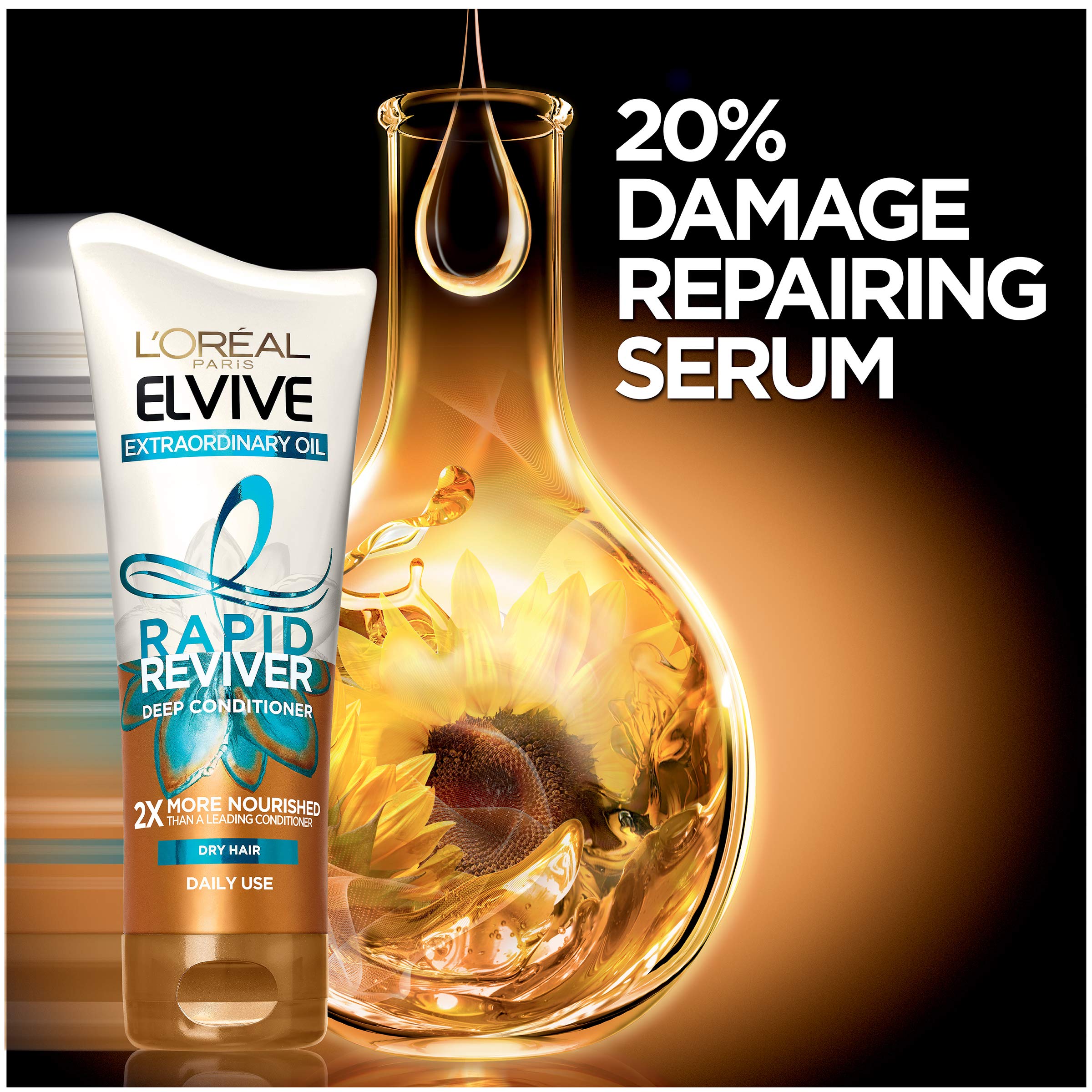L'Oreal Paris Elvive Extraordinary Oil Rapid Reviver Deep Conditioner, Hydrates Dry Hair, No Leave-In Time, with Damage Repairing Serum and Hair Oil, 6 oz.