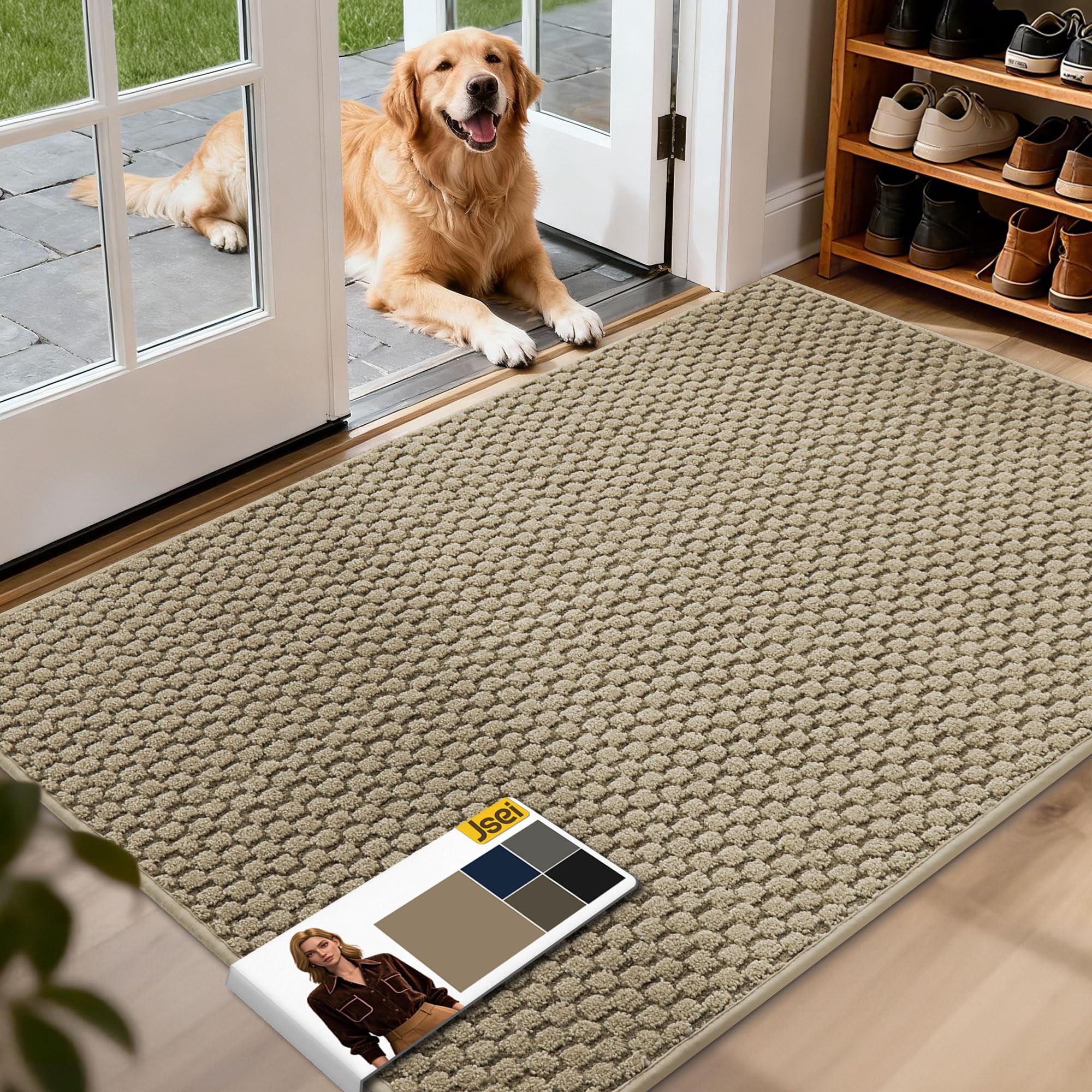 Photo 1 of JSEI Dirt Trapper Door Mat 32"x48", Non-Slip Entryway Rugs Doormat Indoor, Washable Absorbent and Stain Resist Welcome Floor Mat for Front Door, Dog Door Mat, Dirty Wet Shoes & Paws, Beige