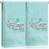 SmoothNovelty 2 Pcs Bird Hand Towels Mint Green Bathroom Decor 14x29 Inch Embroidered 100% Cotton Soft Absorbent Spring Summer Decorative Hand Towels for Bathroom Kitchen