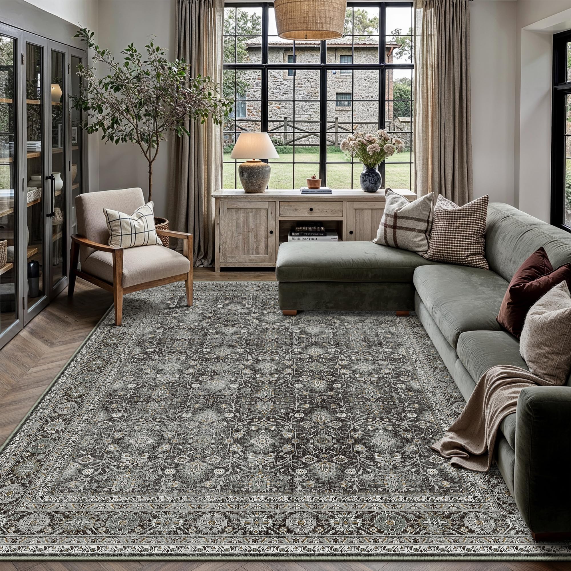 Photo 1 of PureCozy Vintage Area Rug 9x12 Black Washable Living Room Large Carpet Non Slip Bedroom Indoor Office Low Pile Traditional Distressed Retro Accent Rug for Dining Room