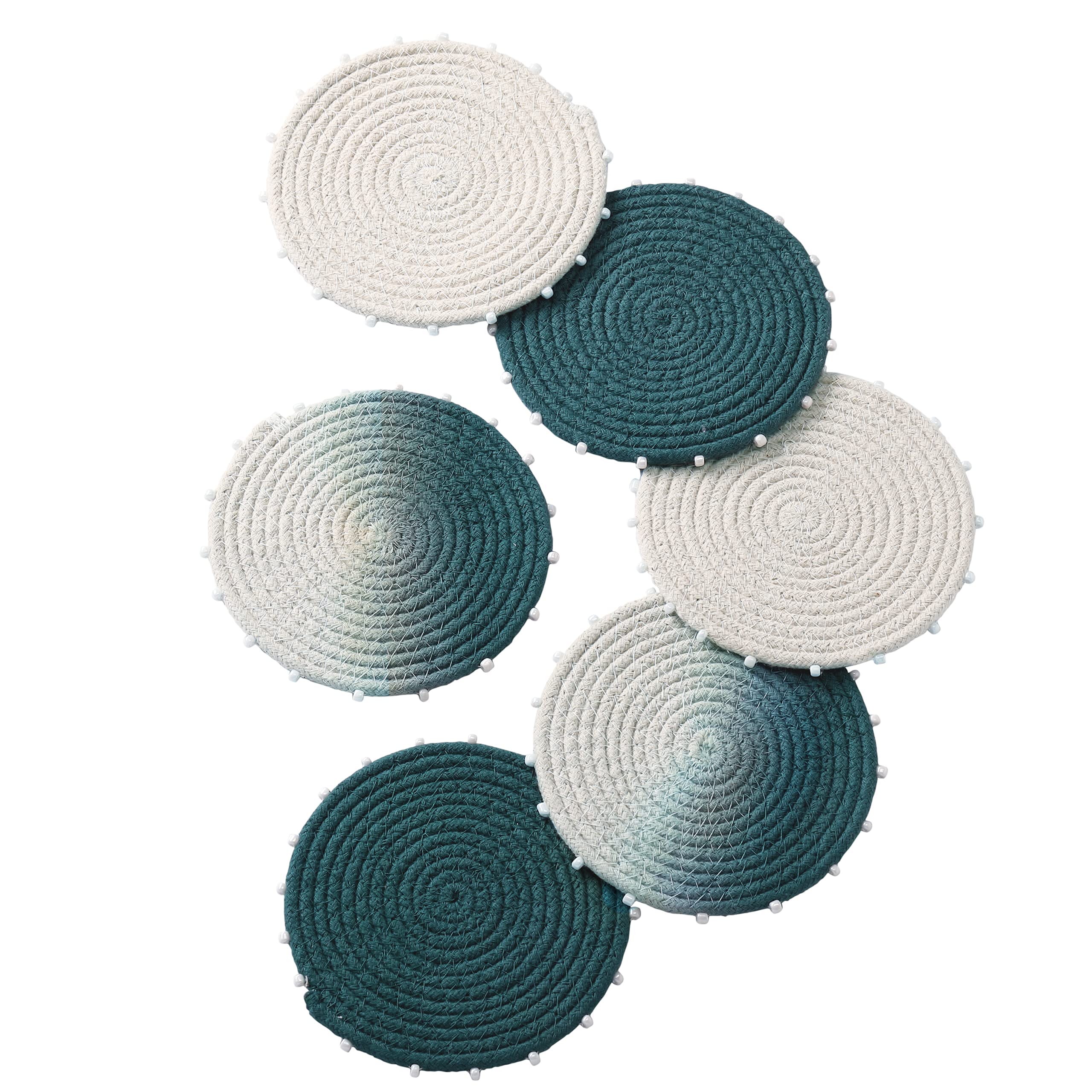 Folkulture Beaded Coasters for Drinks Set of 4 or Coffee Table, 4" Round Decorative Bar Coasters for Table Décorations, Cute Boho Coaster Set for Cocktail, Evil Eye Decor