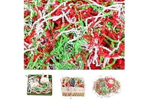 QOIUSO 8oz Christmas Crinkle Paper Filler — 1/2LB Red, Green & White Shredded Raffia/Crinkle Cut Paper for Gift Baskets, Boxes, Bags & Holiday Packaging — Fluffable Reusable Basket & Box Filler
