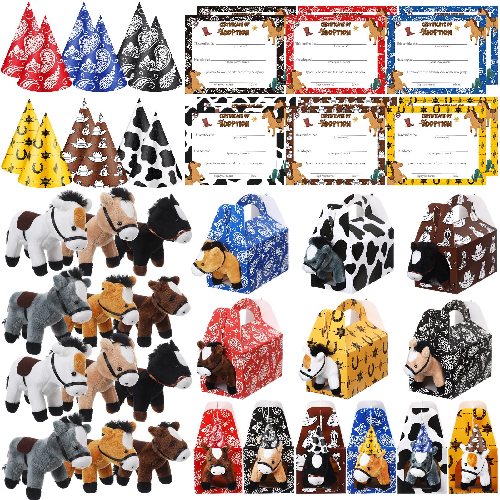 Photo 1 of JellyArch 48 Pcs Adopt a Horse Party Favors Include 12 Mini Horse Stuffed Animals 12 Foldable Paper Boxes 12 Adoption Cards 12 Hats for Adopt a Pet Farm Western Party Favor Supplies(Classic)