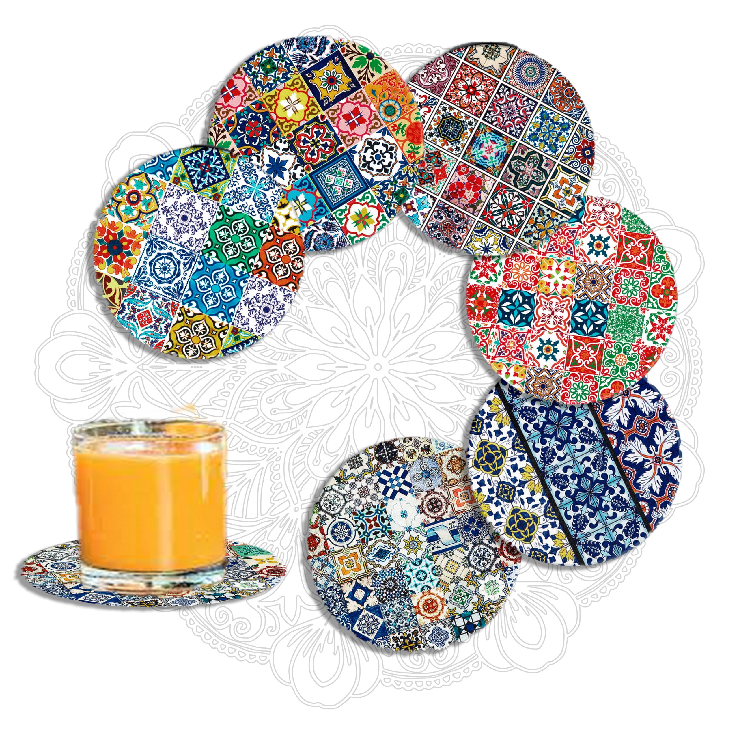 MALANGI Drink Coasters Set of 6 - Ceramic Turkish Coasters - Absorbent Giftable Coaster - Non-Scratch Top & Non-Slip Cork Base (Style 6 Without Stand)