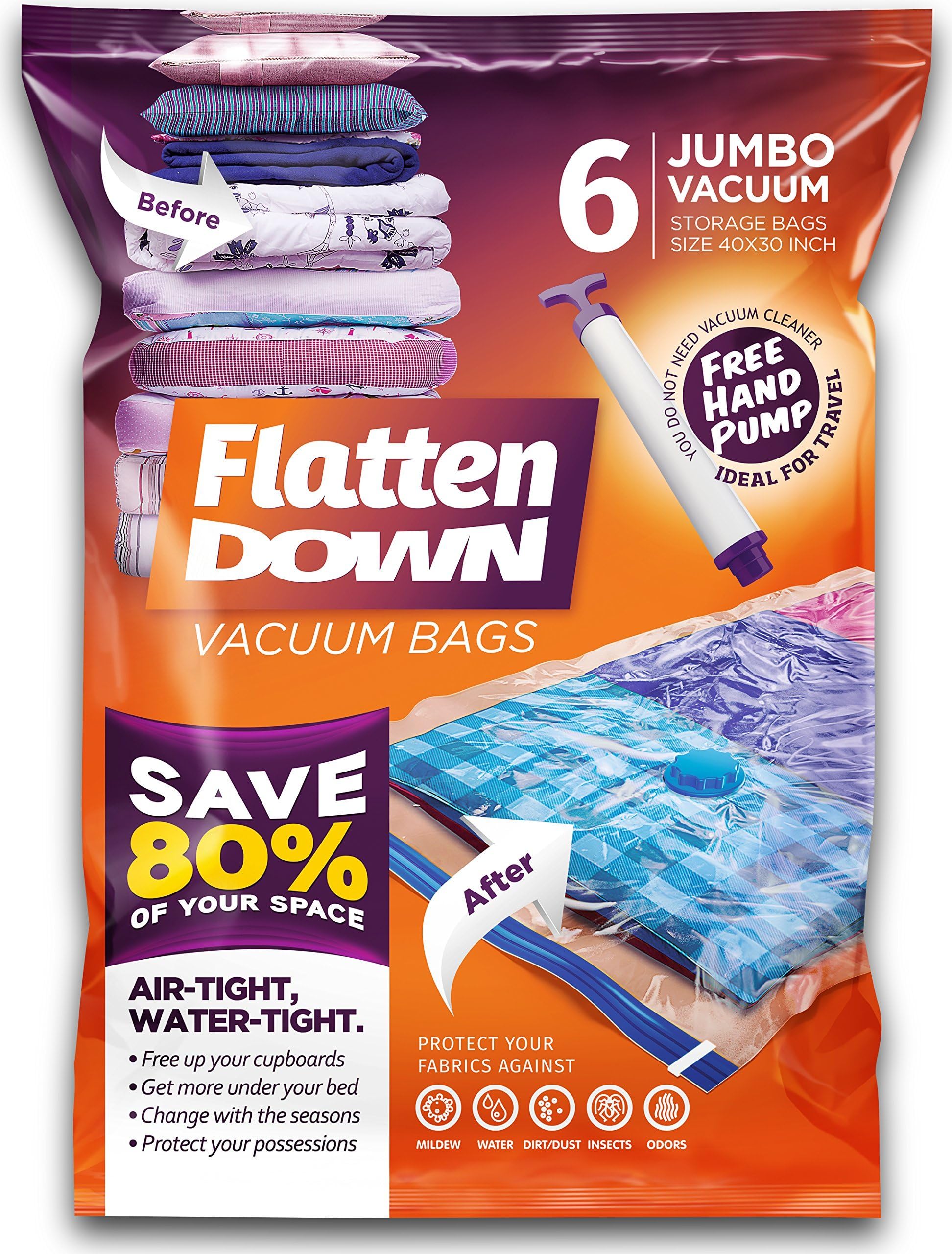 Flatten Down Vacuum Storage Bags Space Saving Suction Bags (40x30'') Jumbo 6 Pack For Household And Traveling Storing Bulk Pillows, Clothes, Duvets, Towels, Bedsheets, Blankets With Hand Pump