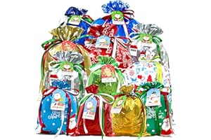 DIAMERD 38PCS Christmas Drawstring Gift Bags Assorted Size Small Medium Large, Holiday Xmas Presents Wrapping Bags with Tags