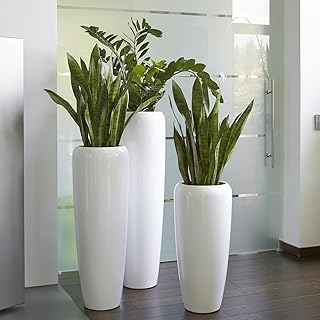Moderne & Hochwertige Pflanzvase/Pflanzkübel – Groß: 120cm - Hochglanz Weiß - Fiberglas - Mit Einsatz – Indoor & Outdoor – Wetterbeständig & Frostsicher