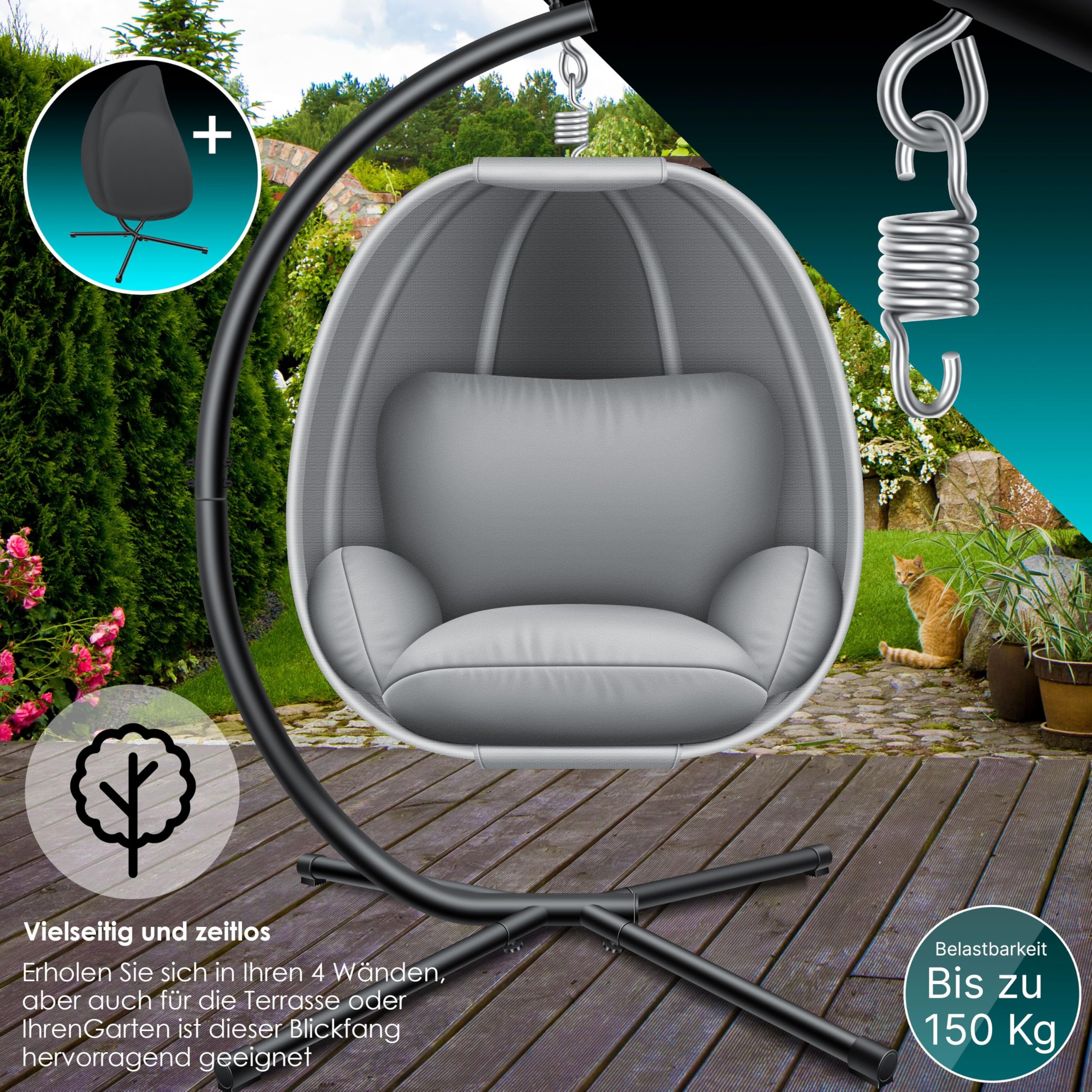 KESSER® Luxe Hängesessel mit Gestell + weiches Sitzkissen und Abdeckung, Seitenpolsterung, Rückenkissen Hängekorb Indoor & Outdoor, Garten Schaukel Hängestuhl Stabiler Standfuß, max. 150 kg Grau 6