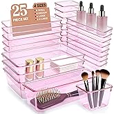 Kitchen Desk Drawer Organizers Storage for Office, Small Acrylic Vanity Trays Makeup Organizer for Drawer Bathroom Plastic Make up Organizers 25 Pcs Pink