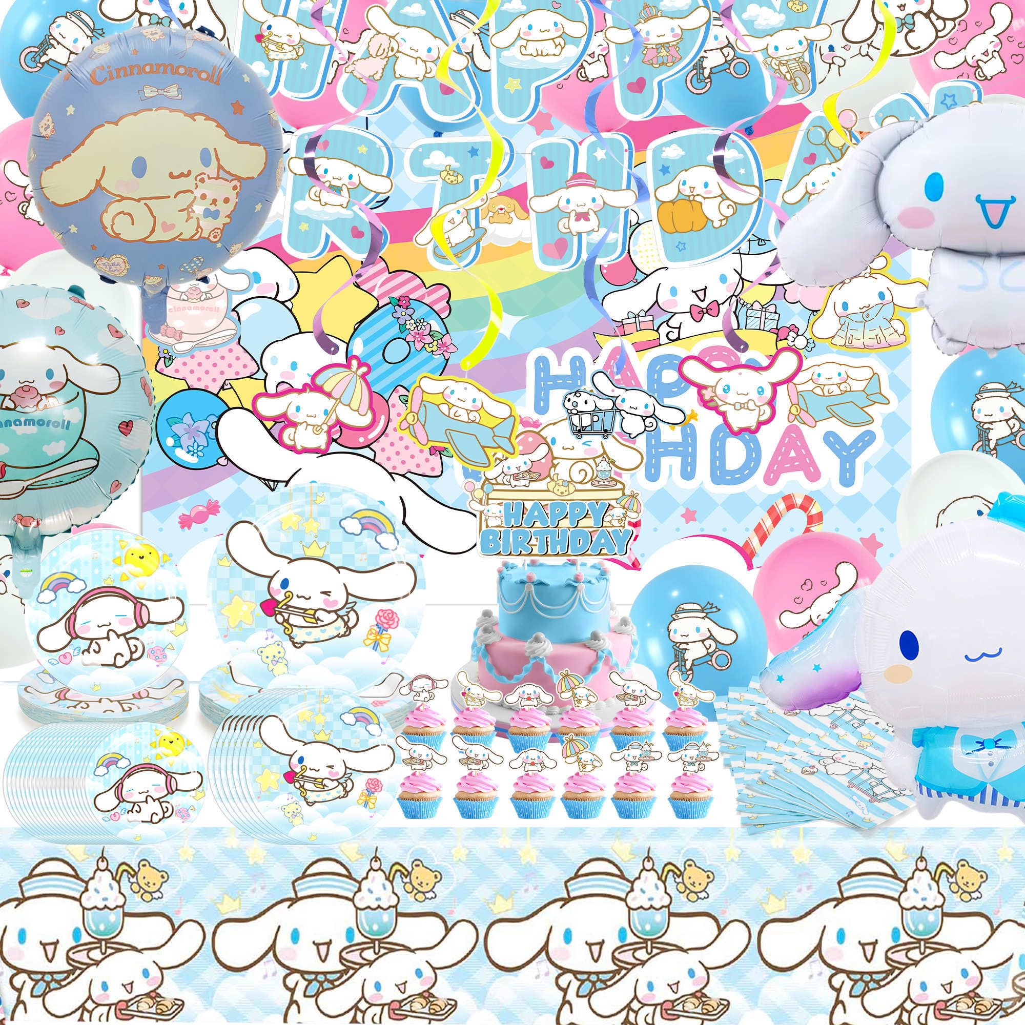 Photo 1 of Cartoon Birthday Party Decorations, Party Supplies Set Include Banner, Balloons, Backdrop, Cake Cupcake Toppers, Tablecloth for Kids Theme Party Favors (Multi-134PCS)