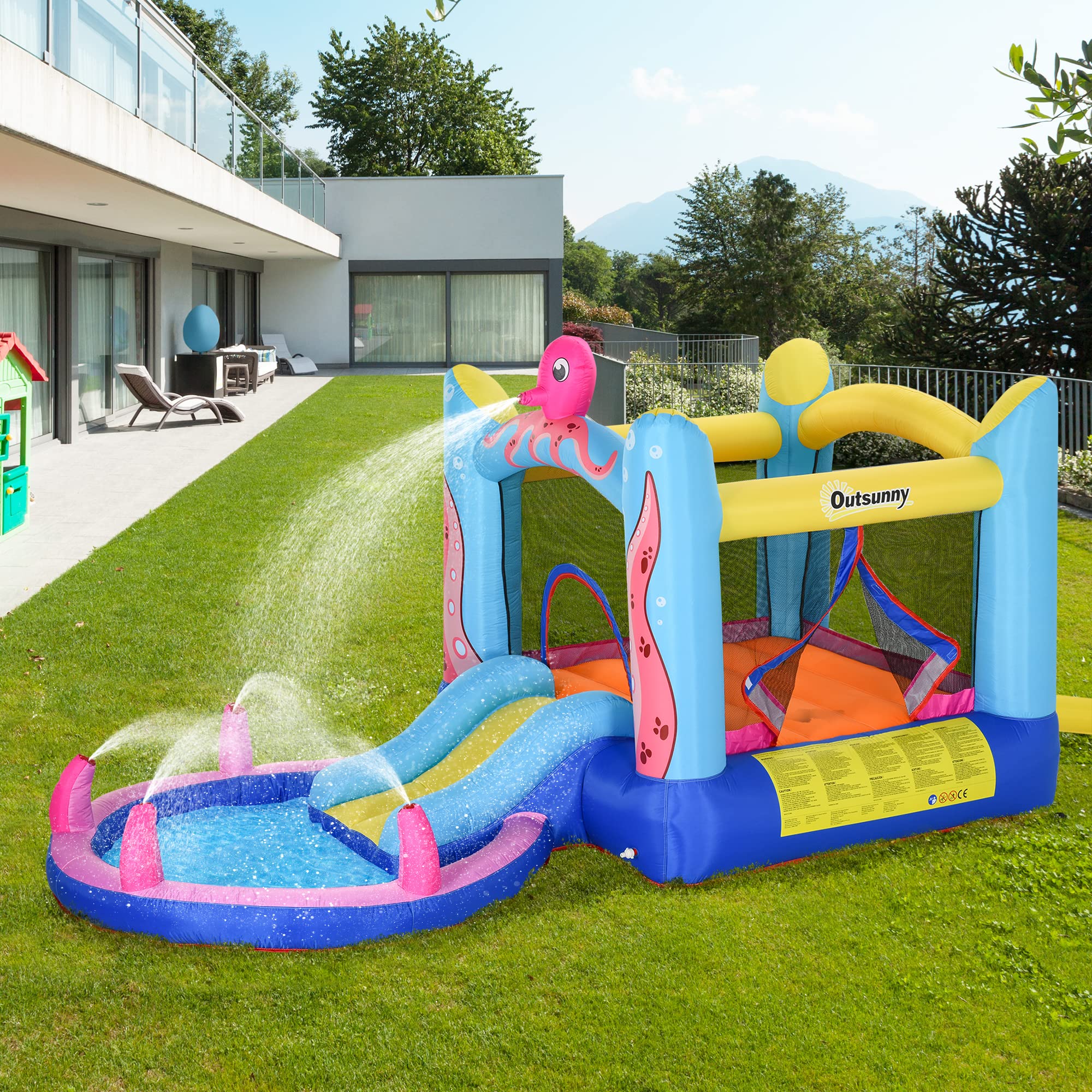 Outsunny Aufblasbare Hüpfburg mit Rutsche Springburg Spielburg Wasserpark für Kinder Trampolin aufblasbar Wasserrutsche Pool für 3-8 Jahre Oktopus-Muster Oxfordstoff 360 x 175 x 180 cm 2