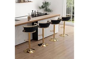 UIXE Swivel Bar Stools Set of 4, Upholstered Velvet Barstools Gold Metal Stool with Woven Back & Footrest, Adjustable Counter