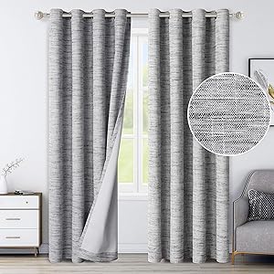 LORDTEX 100% Blackout Curtains for Bedroom - Textured Primitive Linen Look Heavy Duty Curtains with Thermal-Bond Washable Grommet Top Window Drapes for Living Room, 2 Panels, Grey, 52 x 84 inch