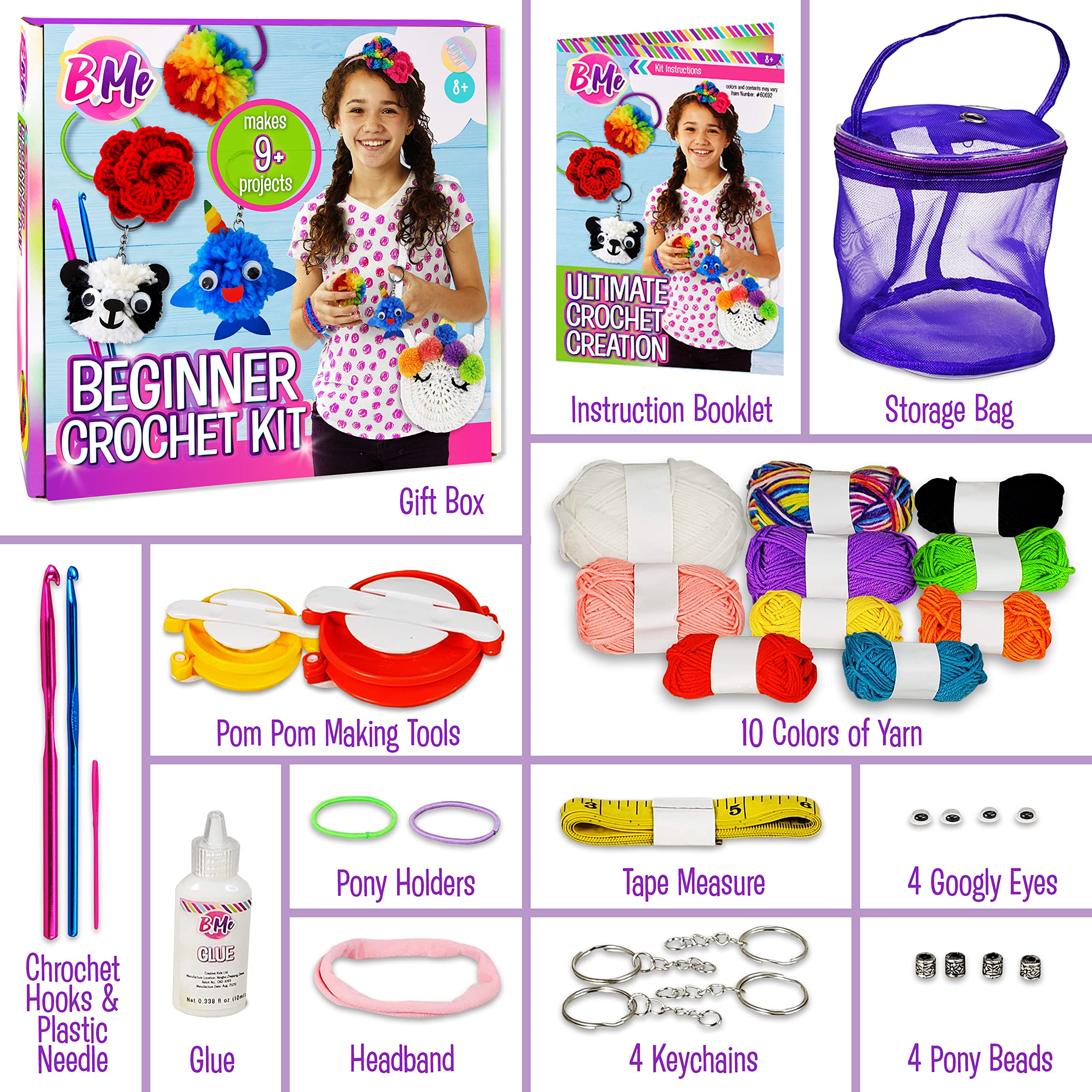DIY All in One Crochet Knitting Kit for Beginners Starter Arts & Craft Set for Kids Teens Tweens & Adults – How to Learn Make Your Own Yarn Pom Poms – Birthday Gift for Kids Ages 8+