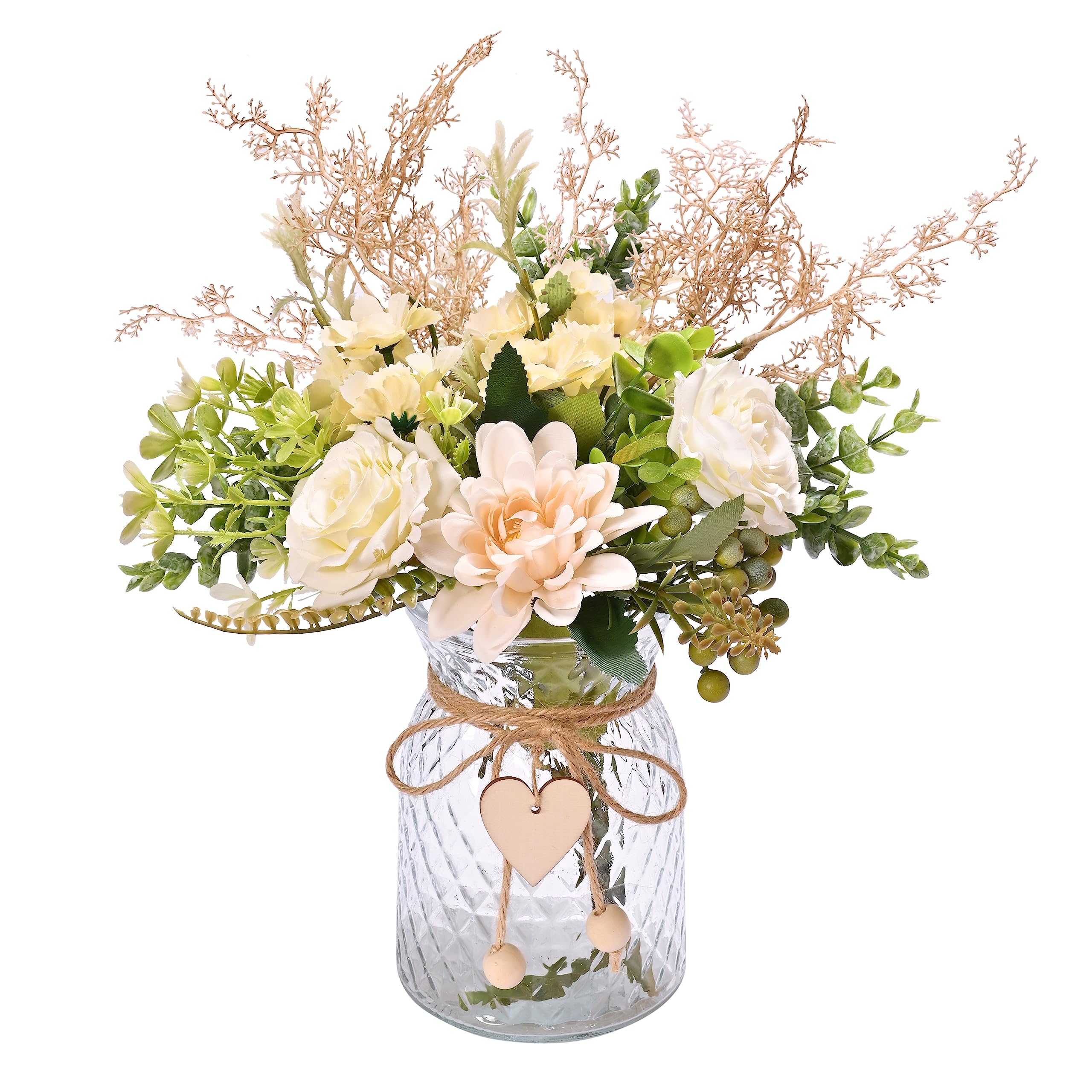 Yorkmills Artificial Flowers with Vase, White Silk Roses Flower Arrangement Fake Faux Flower in Vase Autumn Spring Decor,Home Decoration,Table Centerpieces for Living Dinning Room Office Kitchen Shelf — image 1