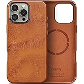 kingflag Genuine Leather Case for iPhone 16 Pro Max 6.9 inch, Oil Wax Top-Grain Leather, Compatible with MagSafe, Metal Buttons and Camera Bezel (Tan)
