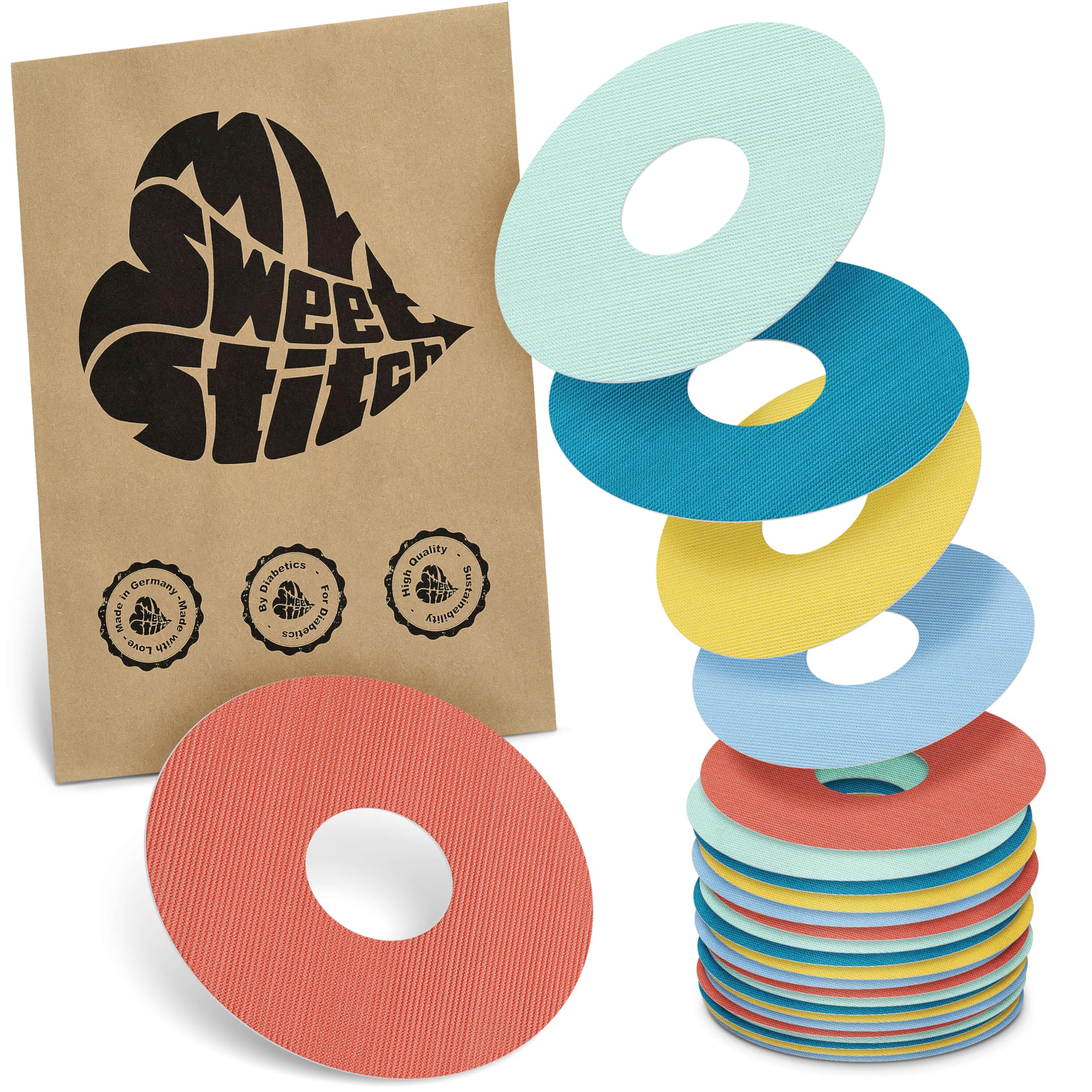 MySweetStitch - 25 x Freestyle Libre 3 Round Patches, Ring Patch Ø 60mm, Inner Ø 20mm, Waterproof, Breathable, Skin-Friendly, Made in Germany, Pastel