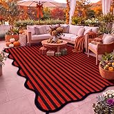 Maasechs Halloween Striped Outdoor Rug 4x6 ft Plastic Straw Mat for Porch | Orange Black Stripes, Scalloped Edge, Easy Rinsing, with Storage Bag & 4 Ground Stakes, Halloween Party Decor Indoor Outdoor