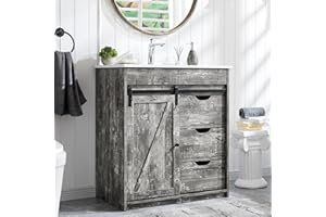 Aitjunz 30" Farmhouse Bathroom Vanity with Sink, Freestanding Bathroom Storage Vanity Cabinet w/Sliding Barn Door & 3 Drawers, Adjustable Shelves, Light Grey