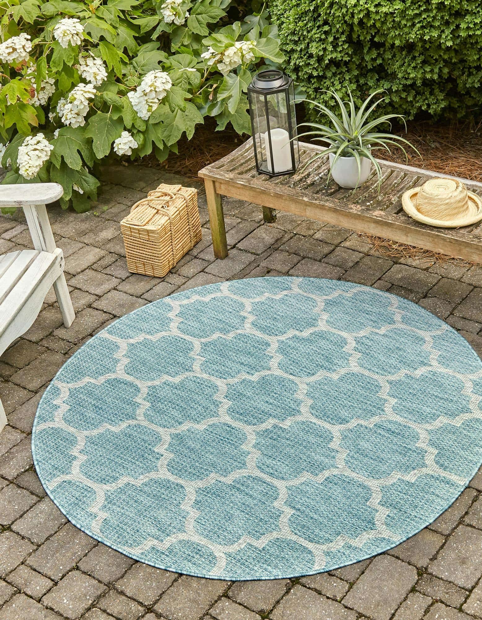 Unique Loom Outdoor Trellis Collection Area Rug - Trellis (Round 13' 0" x 13' 0", Aquamarine/ Gray) Image Unique Loom Outdoor Trellis Collection Area Rug - Trellis (Round 13' 0" x 13' 0", Aquamarine/ Gray) Image