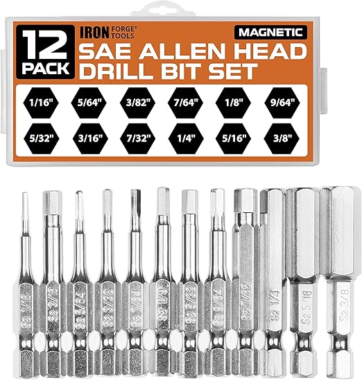 Allen Wrench Drill Bit Set of 12 SAE Hex Head Bits with Tips