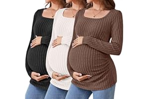 Ficerd 3 Pack Women's Maternity Tops, Long Sleeve Pregnancy Sweaters Scoop Neck Ribbed Knit Casual Pregnant Tee Shirts
