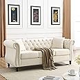 WILLIAMSPACE 80" Chesterfield Sofa Beige Velvet for Living Room, 3 Seater Sofa Tufted Couch with Two Pillows, Rolled Arms and Nailhead for Living Room, Bedroom, Office, Apartment - Beige Velvet