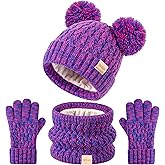 Kids Winter Hat Scarf Gloves Set Children's Warm Knit Fleece Lined Pompom Hat for Kids Ages 3-9, Perfect for Boys and Girls