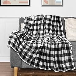 PAVILIA Black White Buffalo Plaid Throw Blanket Pom