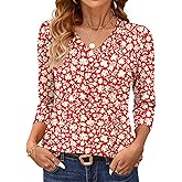 AKEWEI 3/4 Length Sleeve Womens Tops V Neck T Shirts Dressy Casual Pleated Spring Fashion 2026 Work Blouses