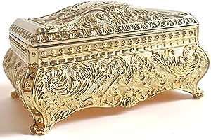 SIWOT Rectangular Classical Patterned Jewelry Box,Metal Retro European Scroll Design Treasure Storage Chest Case for Girls Women (Golden, Medium)