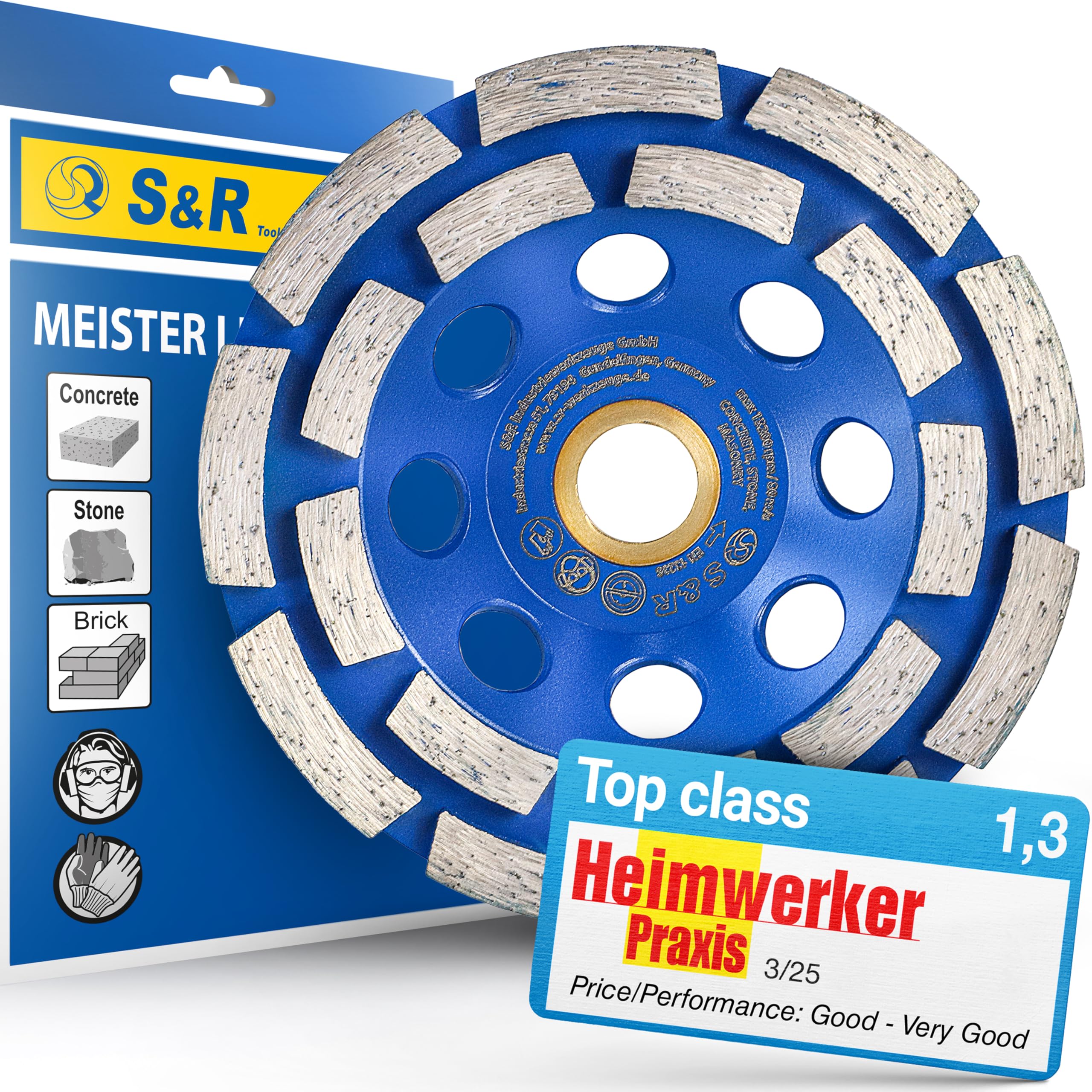 S&R Diamond Cup Wheel 115 mm / 4.5 Inch (115 x 22.2/15.88 mm, 2 Rows, Standard for Concrete, Stone, Masonry, with Reducing Ring