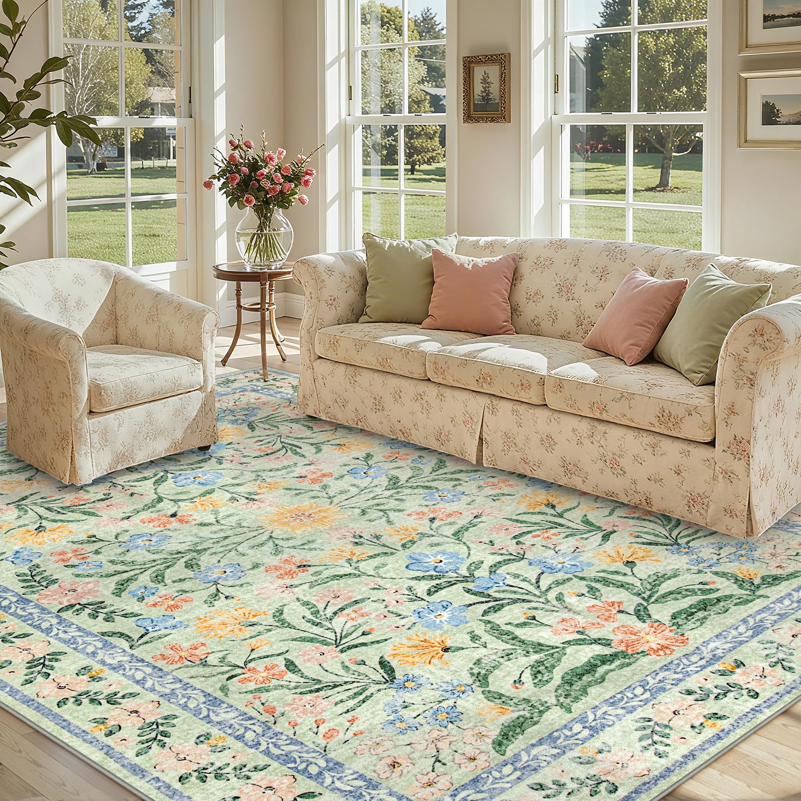 Photo 1 of Lahome Machine Washable Area Rugs 8x10 Non Slip, Soft Boho Living Room Rugs, Ultra-Thin Vintage Cottage Throw Carpet for Home Office Dinning Room Kids Playroom, Green/Multi