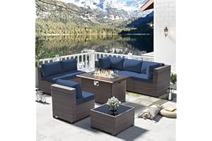 Gotland 8 Piece Outdoor Patio Furniture Set with Gas Fire Pit Table Patio Furniture Sectional Sofa w/43in Propane Fire Pit, 55,000 BTU Auto-Ignition Firepit w/Glass Wind Guard