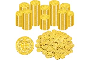 FULLIVE 200 PCS Gold Coins, 1.4 in Plastic Coins, 0.08 in Thick Fake Coins Pirate Coins Leprechaun Gold Coins Tokens, Pirate Decorations Teacher Classroom Reward Adventure Theme Party Supplies