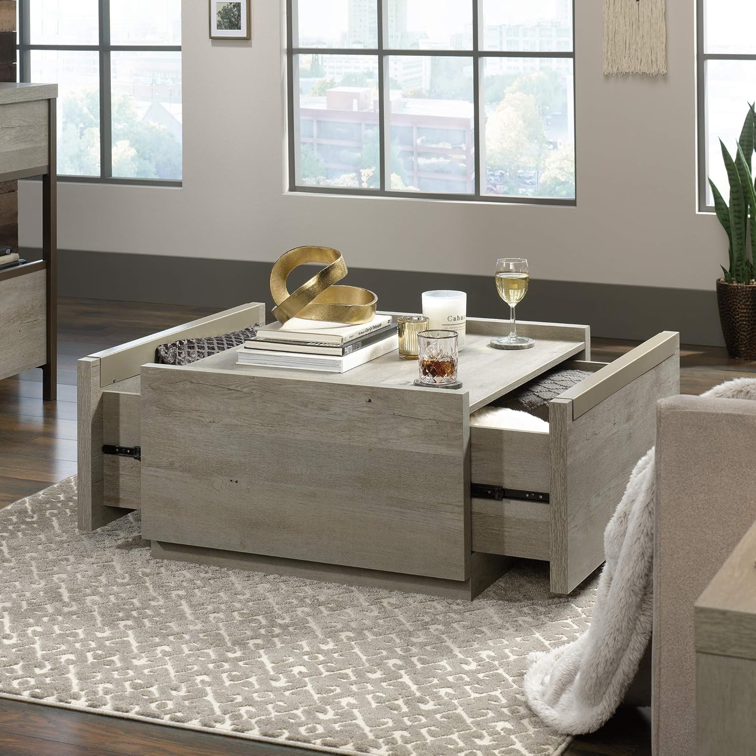 Sauder Manhattan Gate Coffee Table, L: 31.02" x W: 30.95" x H: 16.06", Mystic Oak finish: Kitchen & Dining