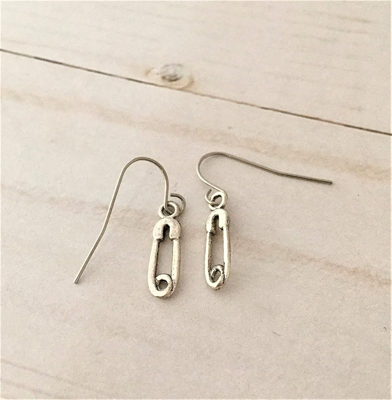 Silver Safety Pin Movement Dangle Earrings with Stainless