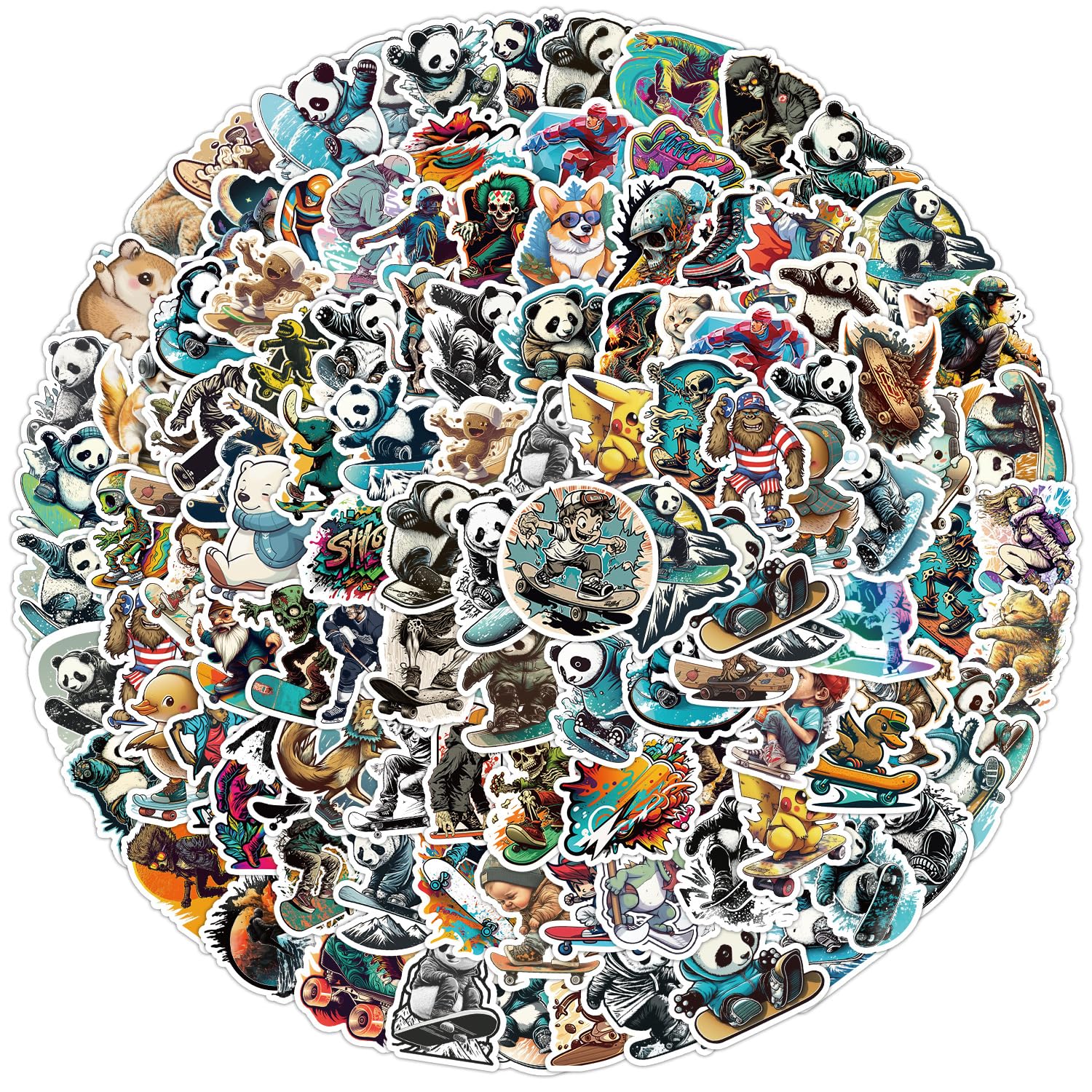 100Pcs Skateboard Panda Stickers for Water Bottles Tumbler Luggage Skateboard Bumper Scrapbook Mug, Sticker Gift for Kids Teens Adults
