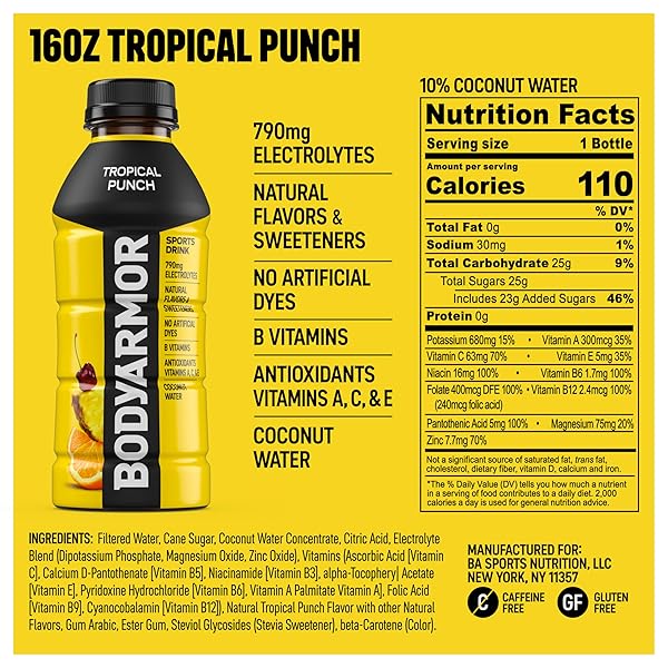 BODYARMOR SPORTS DRINK, TROPICAL PUNCH, ELECTROLYTE DRINK HYDRATION, 16 FL OZ BOTTLES (12 PACK), FLAVORED COCONUT WATER WITH B VITAMINS & ANTIOXIDANTS