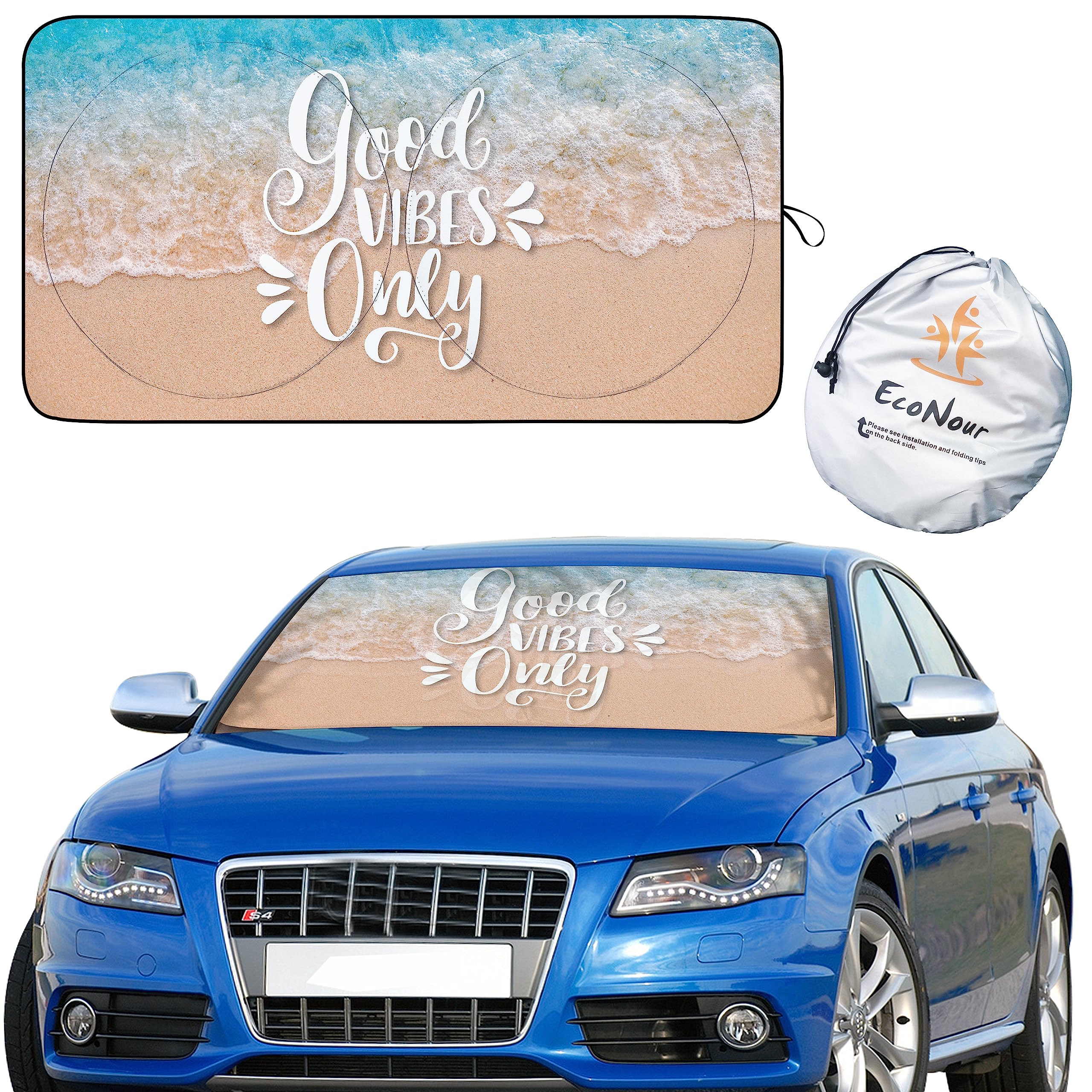 EcoNour Car Windshield Sun Shade with Pouch (Good Vibes) | Front Window Sun Protector for UV Rays | Car Interior Accessories Fits Small Sedans, Mini SUVs & Hatchbacks | Medium (64 inches x 32 inches)