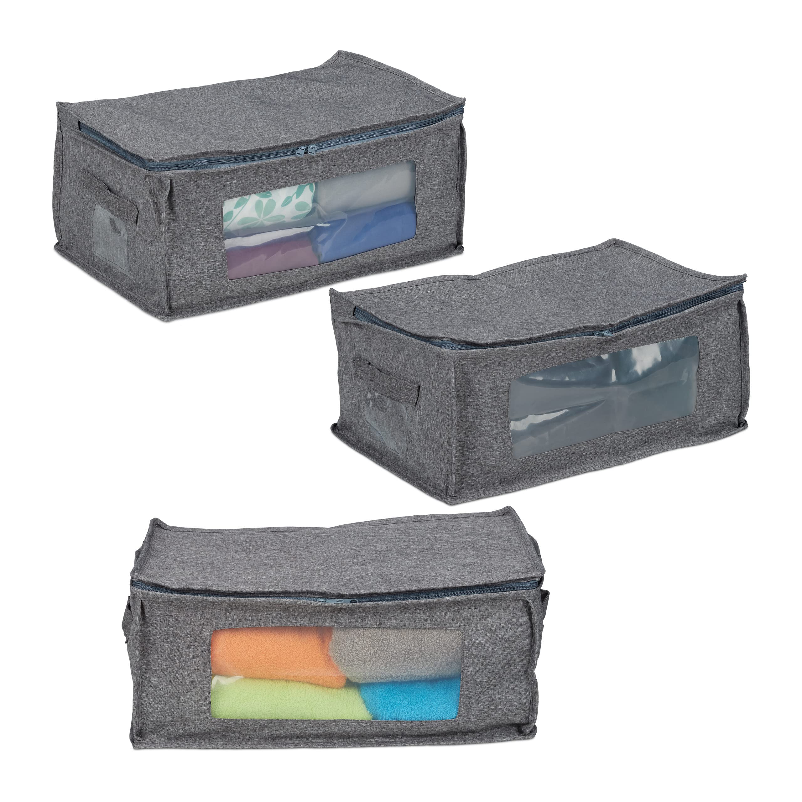 Relaxdays Underbed Storage Bags, 3Pcs, Foldable, Zip, Grey, Fabric, 20 x 45 x 30 cm, 5 kg Capacity, for Clothes, Blankets, Toys
