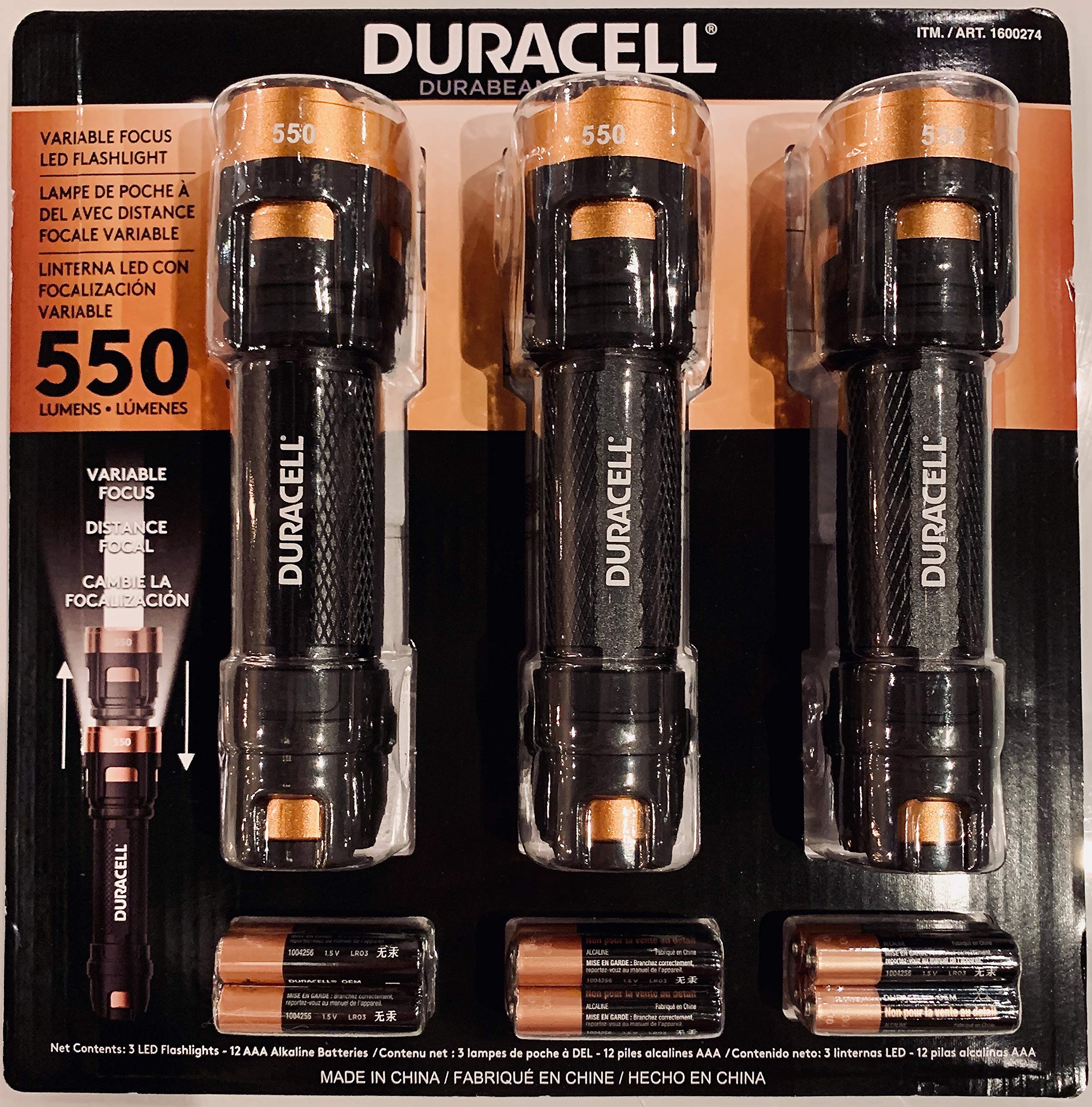 Duracell Durabeam 550 Lumen Brightness LED Torch, Flashlight, 3 Pack with Batteries Included